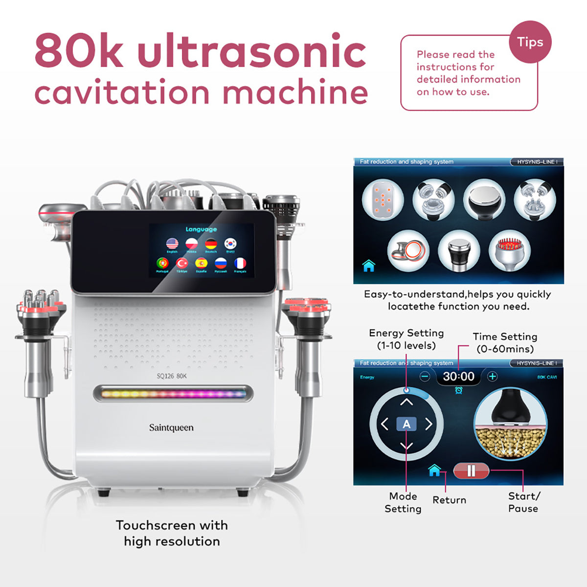 SQ126A Max – urządzenie do kawitacji 80K 11 w 1 z RF, EMS i panelami laserowymi